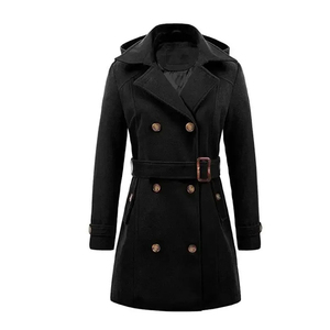 Manteau d'hiver en laine noir long doublé de cachemire de haute qualité pour femme avec logo frontal – Vente en gros - Product Image 5
