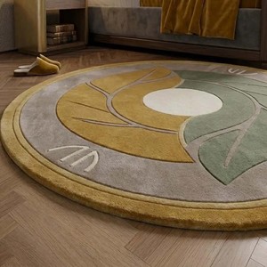 Mustard <b>Round</b> Hand Tufted Area Rug Abstract Botanical Leaf Design Luxury Soft Woolen <b>Carpet</b> for Living Room Bedroom Home Decor - Product Image 5