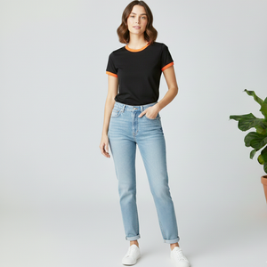 Camiseta de Mujer en Color Negro con Ribete Naranja, Transpirable, de Alta Calidad y con Servicios OEM - Product Image 1