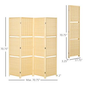 Paravent en bambou artisanal à 4 panneaux, cloison pliante de 6 pieds avec 2 étagères de présentation pour chambre à coucher, bureau, style naturel - Product Image 3