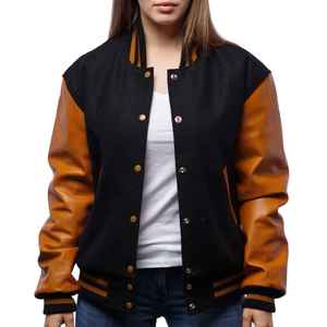 <b>Women's</b> <b>Black</b> Brown Varsity <b>Jacket</b> With Brown Sleeve Solid Color Preppy Style Stand Collar Full Sleeve Regular Fit Autumn Wear - Product Image 1