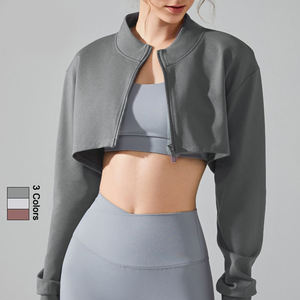 ZULARI IMPEX Women's Cropped Long Sleeve <b>Zip</b>-<b>Up</b> Jacket Solid Color Fitted Activewear Polyester Gray and <b>White</b> Sportswear - Product Image 6