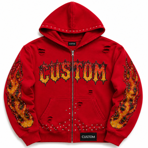 Custom Plus Size Oversized Zip Hoodie Winter Breathable Windproof Digital <b>Raw</b> Edge Distressed Rhinestone Graphic Streetwear OEM - Product Image 1