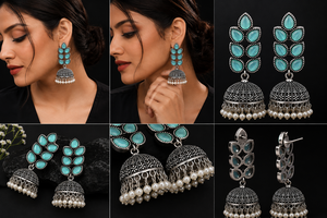 Pendientes Jhumka de Ónix Azul Cielo en Forma de Lágrima Oxidados, Plata Antigua, Imitación de Perla Colgante, Joyería Boho de Moda para Boda, Venta al por Mayor - Product Image 5