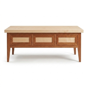 Mesa de Centro Rectangular de Dos Tonos con 3 Paneles de Cajones Incrustados, Patas Cónicas, Mesa de Almacenamiento Central de Madera Maciza, Mesa de Cóctel de Mediados de Siglo - Product Image 1