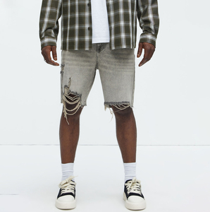 Shorts en jean déchirés pour hommes, shorts en jean style charpentier, shorts en jean cargo, shorts en jean à double genouillère, streetwear confortable et tendance - Product Image 1