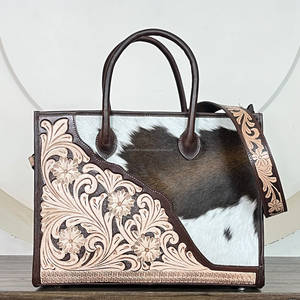 New Luxury Hand Tooled Hair On Cowhide Leather Women Western Style Tote Bag Vintage Floral Top <b>Handle</b> Crossbody Travel <b>Handbag</b> - Product Image 4