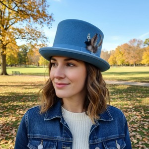 Sombrero de Copa Alta Azul Formal de Fieltro con Cinta, Estilo Fedora Vintage para Fiesta o Disfraz - Product Image 4