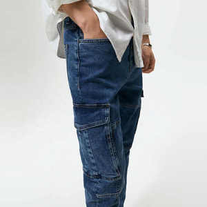 <b>High</b> <b>Waist</b> Slim Fit Cargo Denim <b>Jeans</b> <b>Men</b> Solid Blue Utility Style Midweight Cotton Autumn Wear - Product Image 2