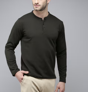 OEM Factory Direct Sale Men's T-Shirt 100% Cotton Henley Neck Button Placket Design Custom Logo Long Sleeve 200 GSM Regular Fit - Product Image 1