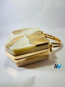 2026 Trending Natural Wood <b>White</b> Resin Storage Bag <b>Clutch</b> Bag with Gold Metal Handles Chic Purse Wedding Party Evening Fashion - Product Image 4