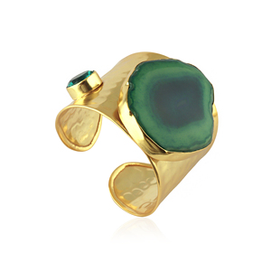 18k gold plated cuff <b>bracelet</b> natural green agate slice hammered texture band open cuff with apatite quartz <b>boho</b> style jewelry - Product Image 2