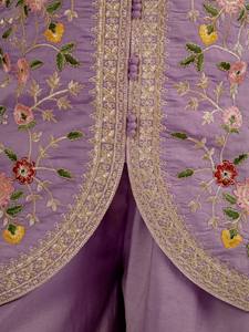 Ensemble haut et pantalon brodés violets, longueur genou, motif floral, tenue ethnique pour femme, robe de soirée, costume de mariage - Product Image 5