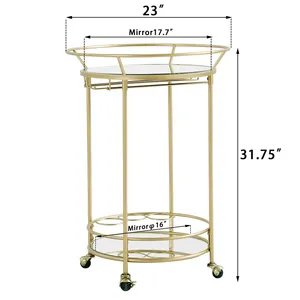 Chariot de bar rond en métal doré avec plateau miroir et roulettes, diamètre 23 pouces, hauteur 31,75 pouces, design glamour pour les fêtes - Product Image 5