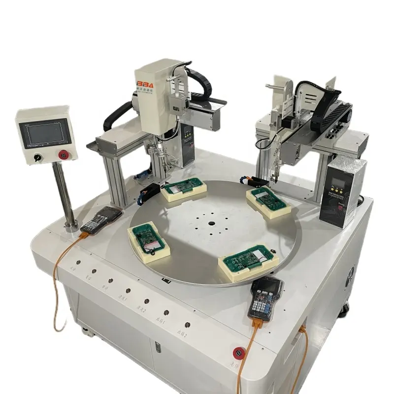 Máquina de soldadura automática rotativa multiestación BBA, sistema de soldadura PLC de doble cabezal de soldadura, robot de soldadura de placa de circuito multímetro