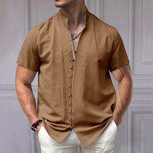 Casual Men's Camisa Hombre Button Down Solid Color Stand-Up Collar Short Sleeve <b>Summer</b> <b>Shirt</b> Male - Product Image 6