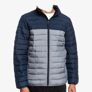 Men's <b>Navy</b> <b>Blue</b> Gray Color Blocking Puffer <b>Jacket</b> Stand Collar Zipper Closure Casual Windproof Autumn Outerwear Regular Fit - Product Image 1