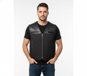เสื้อกั๊กหนังสีดำสำหรับขี่มอเตอร์ไซค์บุรุษ พร้อมผ้าแคนวาส ตัดเย็บตามสั่ง ดีไซน์หนังวัวแท้ เสื้อกั๊กมืออาชีพสำหรับนักขี่มอเตอร์ไซค์ทุกประเภท รับผลิตแบบ OEM - Product Image 4