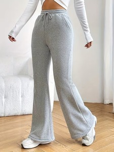 Women High Waist Flared Leg Sweatpants Solid Gray Cotton Spandex Drawstring Side Pockets Full Length Autumn Casual Pants - Product Image 2
