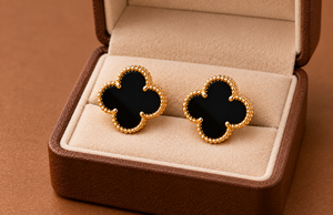 925 Sterling Silver Stud Earrings White Gold Plated Black Onyx Beaded Clover Ear Jewelry for Women - Product Image 3