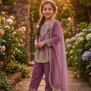 Ensemble Kurti Sharara en Georgette avec broderie lourde et travail Moti, et Dupatta en voile de soie, entièrement cousu, pour enfants, par Royal Export - Product Image 5