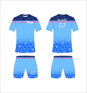 Conjunto de Uniforme de Fútbol Personalizado FEROCIOUS, Sublimado, Transpirable, para Hombre, Manga Corta, Azul, Estampado Geométrico, Absorbe la Humedad - Product Image 1