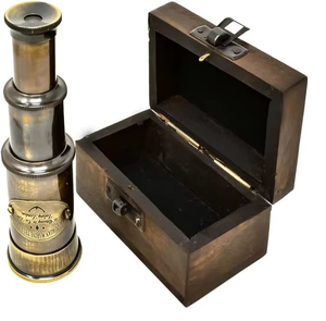 Telescopio de vidrio espía de latón de mano para niños, decoración náutica, regalo pirata en caja de madera para telescopio y binoculares para niños - Product Image 3