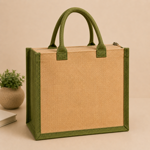 Custom Logo Printed Jute <b>Tote</b> Bag with <b>Zip</b> Closure and Rope Handle Eco-Friendly Reusable Shopping & Gift Bag 32x28x16cm - Product Image 6