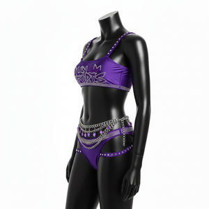 Conjunto de Bikini para Mujer, 230 GSM, Poliéster y Spandex, Diseño con Tiras y Pedrería Morada, Logotipo Personalizado con Pedrería Hotfix - Product Image 3