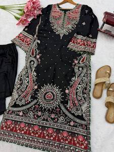 Conjunto de Kurta Larga y Pantalones Palazzo Bordados de Secado Rápido, Estilo Indio-Pakistaní, para Fiestas y Eventos Formales, para Mujer - Product Image 5