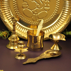 Ensemble de thali de prière Ganesha en laiton avec cloche, Diya, Panchapatra, cuillère et accessoires de Puja traditionnels pour le temple domestique - Product Image 3