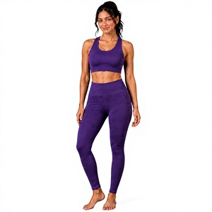 Wi Women's Yoga Set Purple <b>Crop</b> <b>Top</b> High Waist Leggings 2 Piece Activewear Full Length Solid Color Breathable Spandex Polyester - Product Image 1