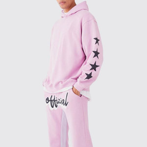 Ensemble de survêtement rose à capuche pour homme avec imprimé étoiles noires, style streetwear, pantalon de survêtement et sweat-shirt longs - Product Image 3