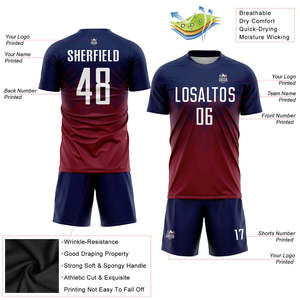 Conjunto de Uniforme de Fútbol al por Mayor, Color Azul Marino y Granate Degradado, Uniforme de Fútbol Personalizado por Sublimación, Secado Rápido, Transpirable, para Entrenamiento de Equipos - Product Image 3