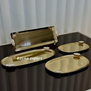 Plateau en métal doré pour cadeaux de chocolat, vente directe usine, avec poignée en bois, design martelé - Product Image 6