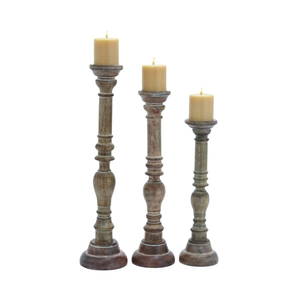Juego de 3 candelabros de madera blanqueada con acabado dorado antiguo, tallados y acanalados, altos, decorativos y vintage para el hogar. - Product Image 4