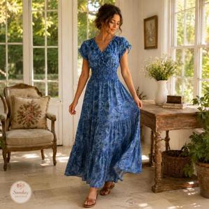 Vestido Maxi de Alta Calidad con Cuello en V y Estampado Floral, Mangas Abullonadas, Estilo Boho, Tejido de Punto Transpirable, Vestido Casual para Primavera y Otoño - Product Image 4