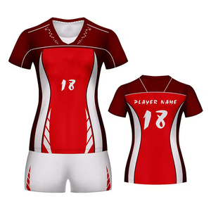 Sublimation Women Volleyball Jersey Dark Red White V Neck <b>Short</b> Sleeve <b>Shorts</b> Set Custom Wholesale - Product Image 1