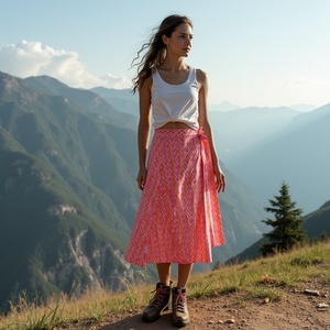 กระโปรงผ้าคอตตอนสีพีชสีชมพูสำหรับผู้หญิงผ้าคอตตอนซิกแซกพิมพ์ลายเรขาคณิตยาวถึงเข่าดีไซน์สวยงาม - Product Image 2