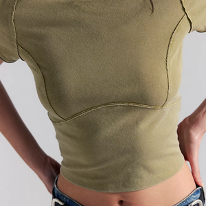 New Trendy Women Olive Green Cap Sleeve Crop Top Knitted Spandex Cotton Slim Fit Casual <b>Spring</b> Summer O-Neck Exposed Seam TShirt - Product Image 1