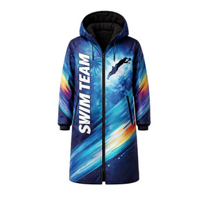 Parka de Natación de Alto Rendimiento con Forro Polar Cálido, Exterior Impermeable, Diseño Abstracto Azul, con Capucha y Corte Largo - Product Image 1