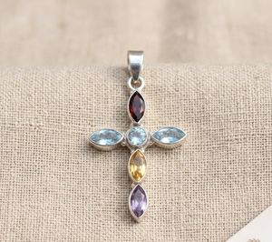 Colgante de Cruz de Plata de Ley 925 con Topacio Azul, Granate, Amatista y Citrino, Joyería Religiosa Hecha a Mano, Regalo para Mujeres y Hombres - Product Image 4