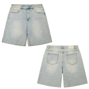 Shorts en jean pour hommes, coupe baggy, délavés à l'acide, bords bruts, style streetwear, avec strass et logo personnalisé - Product Image 2