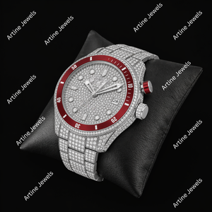 Reloj con Bisel Rojo y Diamantes Incrustados |   Reloj de Lujo con Moissanita |   Reloj Personalizado Completamente Pavimentado - Product Image 3