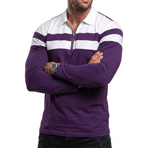 Camisetas Polo de Manga Larga a Rayas para Hombre, al por Mayor, OEM, con Cierre de Cremallera, Bloques de Color, Hechas a Medida, Ajustadas, Casuales, de Punto - Product Image 2