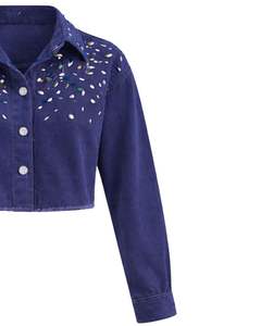 Custom Navy Blue Women Cropped Denim <b>Jacket</b> With <b>Rhinestone</b> Studded Front Button Closure Long Sleeve Fashion Streetwear Top - Product Image 4
