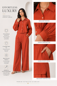 Custom OEM Apparel Women Clothing Premium Cotton Fabric Two Piece <b>Set</b> Long Sleeve Shirt High Waist Pants Co-ord <b>Set</b> - Product Image 5