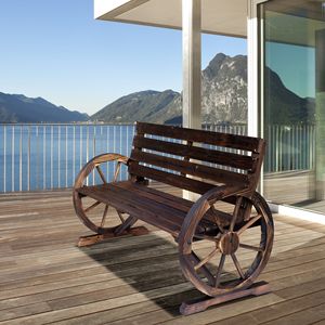 Panca da Esterno Wagon Wheel per 2 Persone, Design Rustico Antico, Finitura Carbonizzata con Schienale - Product Image 2