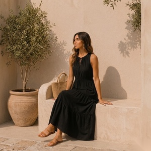 Robe midi sans manches coupe trapèze avec col noué et taille à cordon, tenue décontractée d'été - Product Image 3