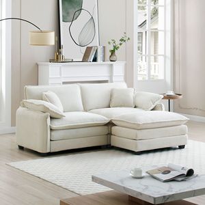 Two-Seater L-Shaped Corduroy <b>Sofa</b> with Ottoman Beige <b>Small</b> Living Spaces Living Room Furniture - Product Image 3
